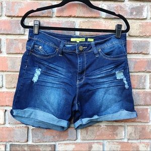 [YMI] Dark Wash Distressed Cuffed Jean Shorts